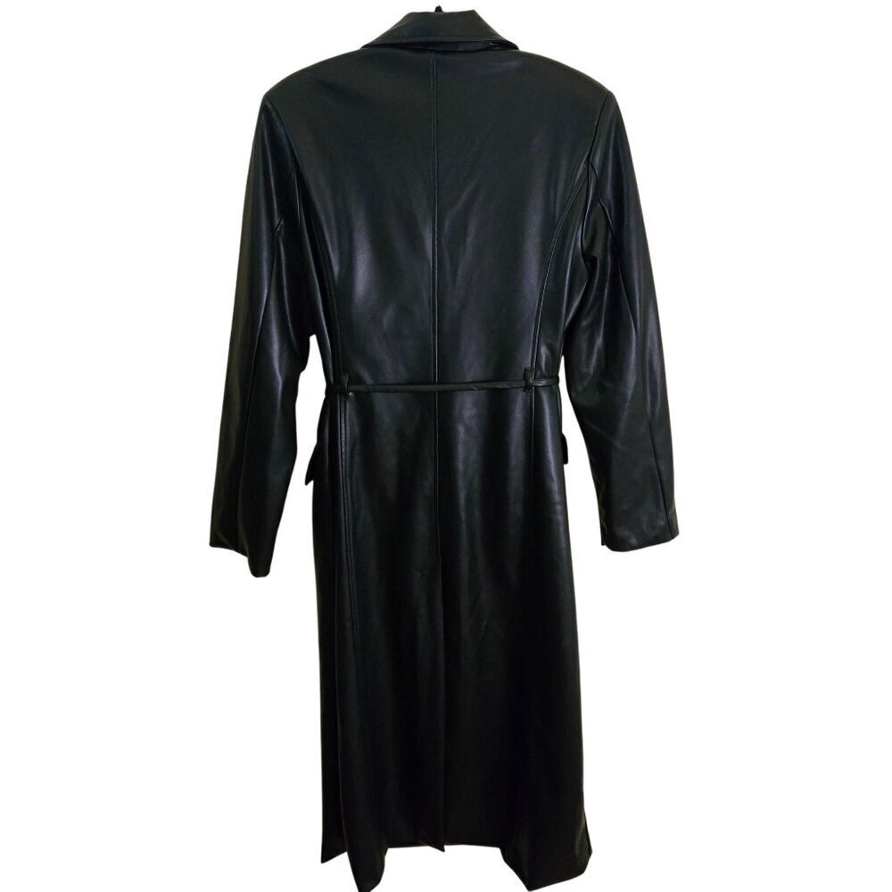 Avec Les Filles Black Faux Leather Double-Breasted Belted Trench Coat Size L - Picture 3 of 12